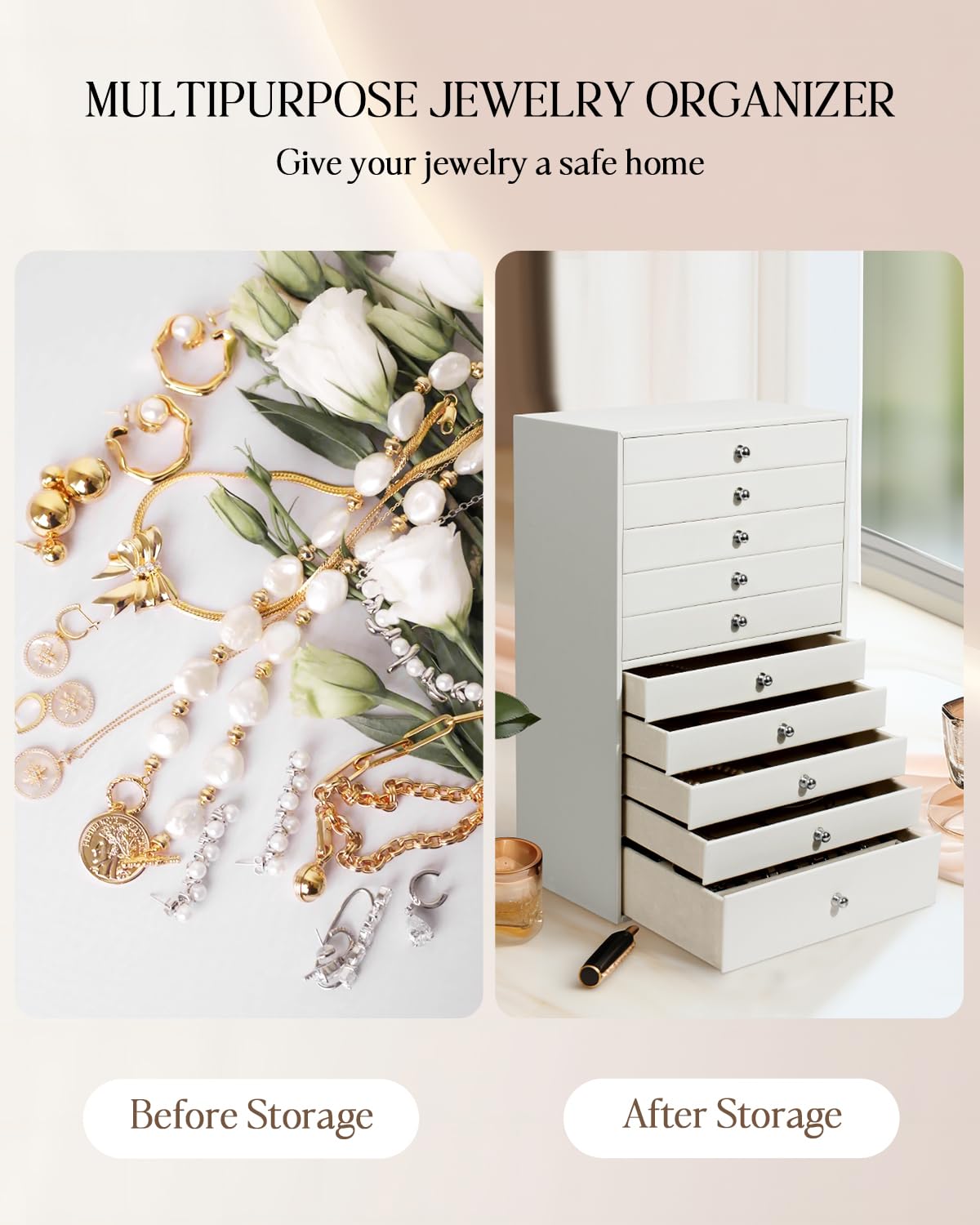 GUKA GUKA Large Jewelry Box, Jewelry Case with 10 Drawers for Big and Small Jewelry, Jewelry Storage Organizer for Watch Earrings Necklace Rings Bracelets, Birthday Wedding Gifts, White