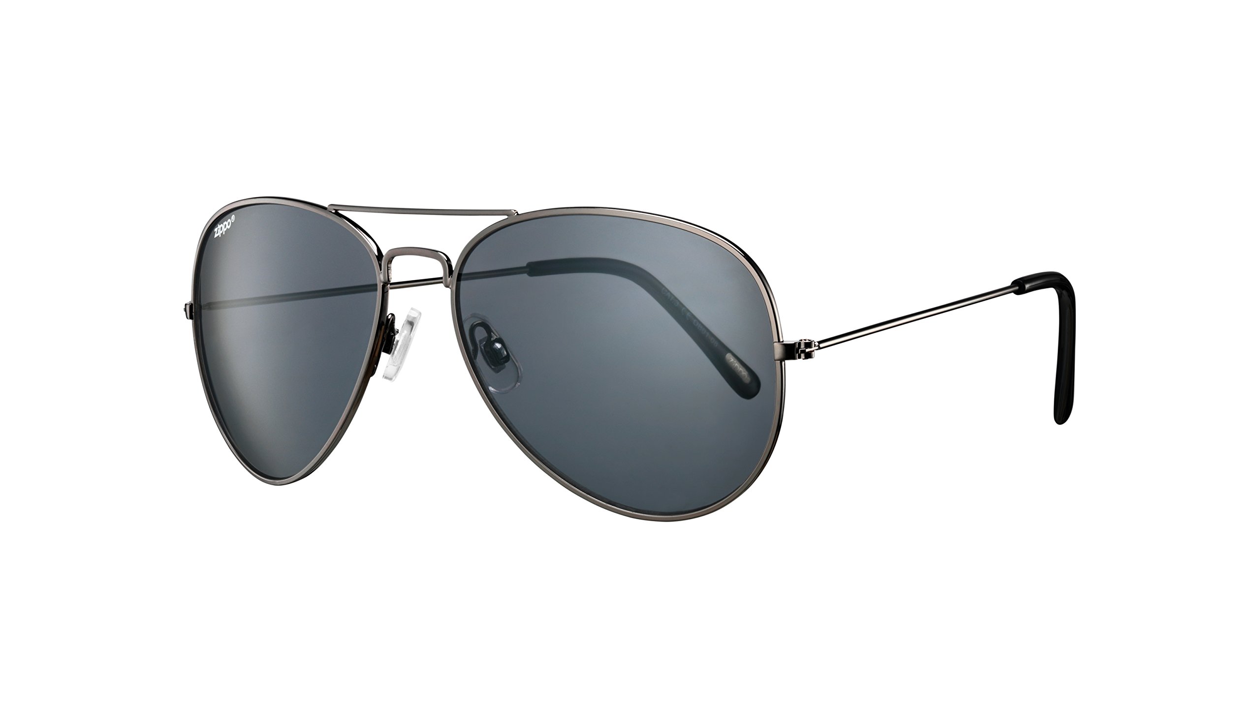 Zippo Eyewear - Flash Pilot Sunglasses - UV400 Protection - Zippo Logo - Adult Unisex - Metal Construction - Made in USAlic Grey Frame, Smoke Grey Lenses, Black Temple