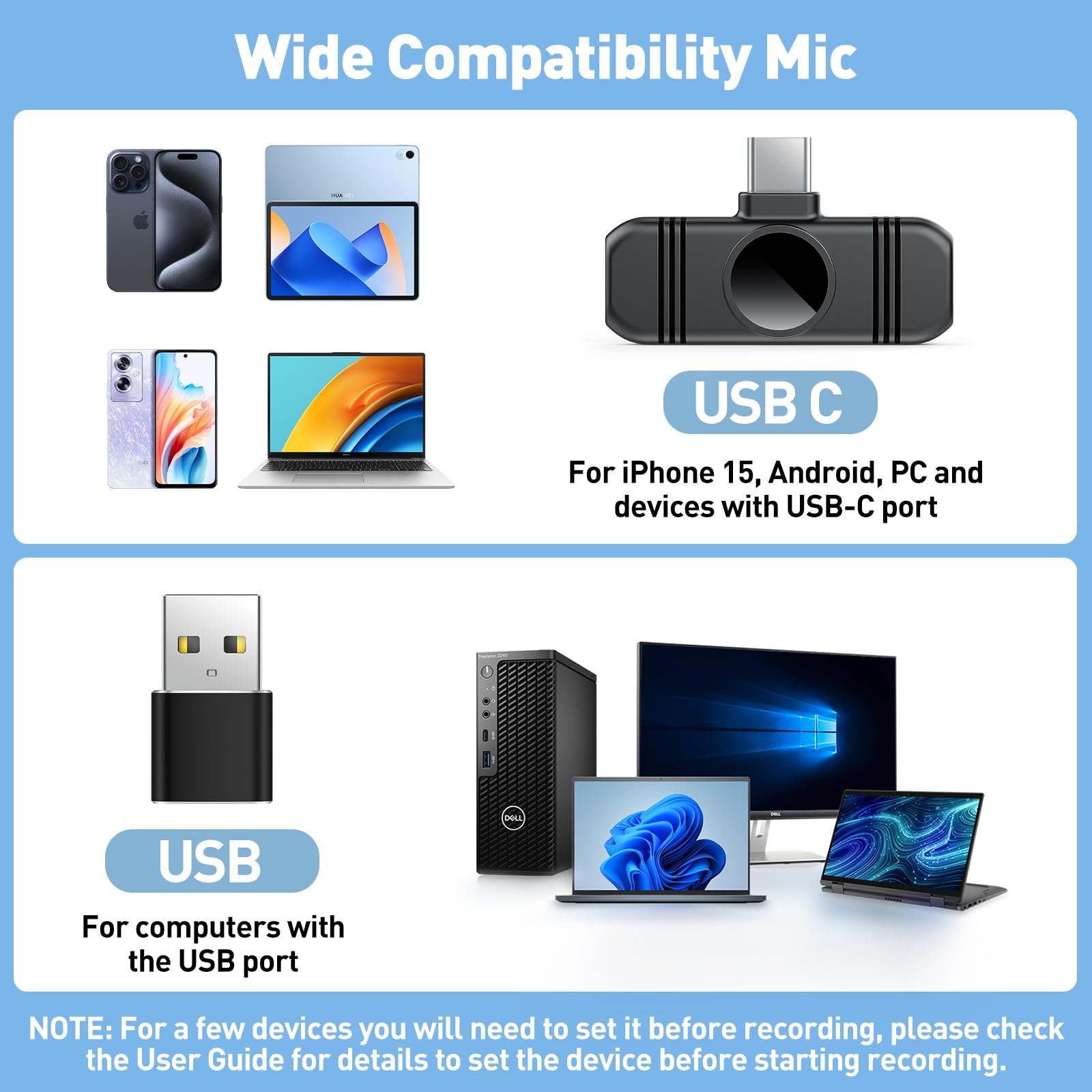 Type C Wireless Lavalier Microphone for iPhone 15,Android and Laptop,Tablet,PC,Clip on Microphone with Noise Reduction for Video Recording,Vlog,Interviews,Live Streaming,Podcast,TikTok,YouTube 2 Pack