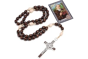 BRILUCKY Rosary Beads Catholic for Women Men, Orthodox Rosaries Crucifix Necklace with Saint Benedict Medal Prayer Card, Handmade Wood Holy Rosary Cross Catholic Gifts, Mexican Rosarios Catolicos Para Hombre