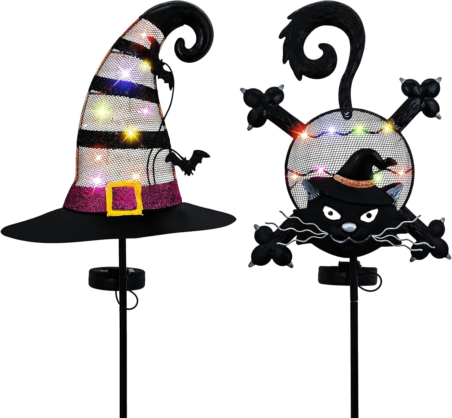 Decorative Garden Stakes - Alladinbox Halloween Metal Stakes Yard Decoration, Solar Multi-Color Lighted Shining Black Cat & Witch Hat, Outdoor Garden Lawn Yard Porch Pathway Ornaments, Set of 2