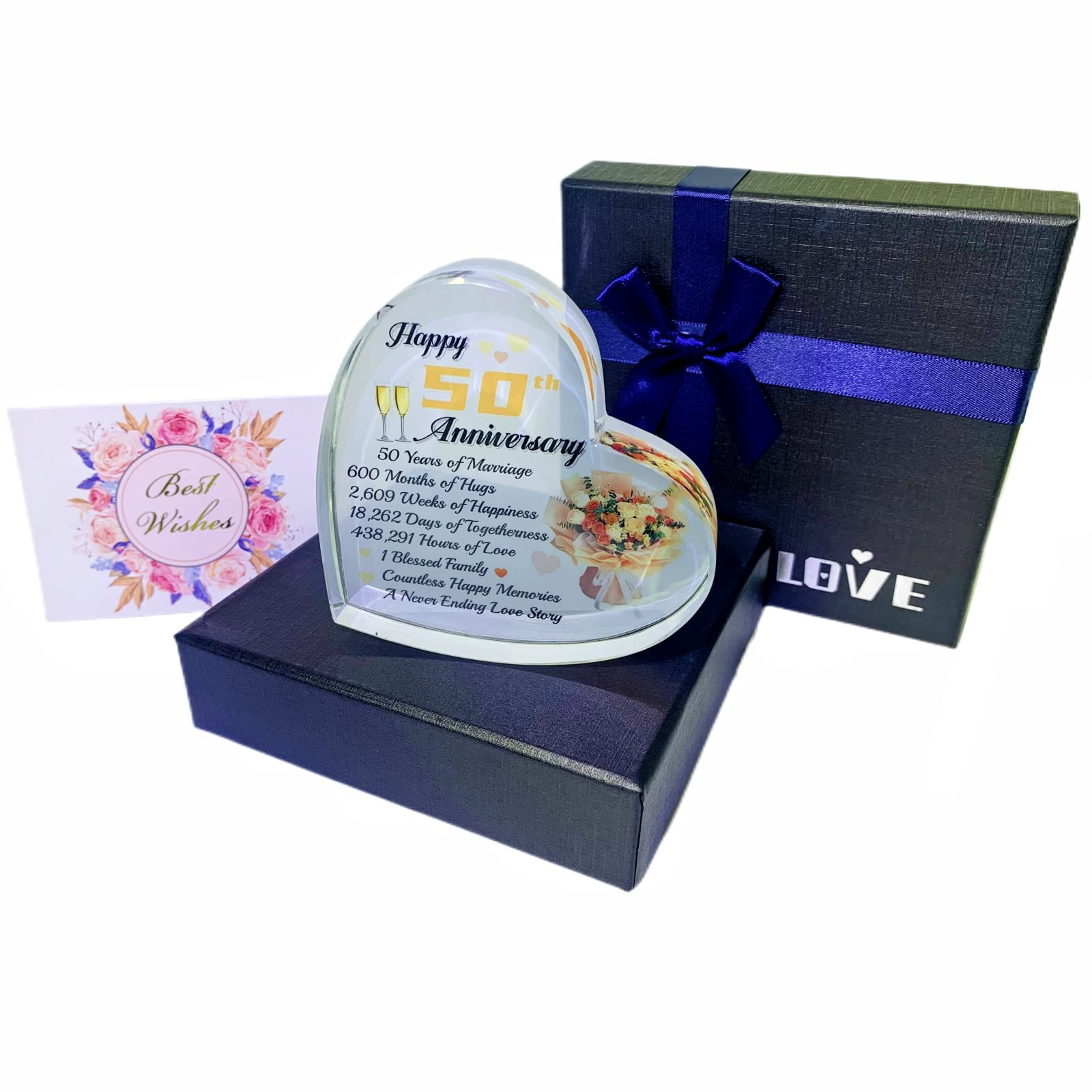 WOSHIDEFA 50th Golden Wedding Anniversary Romantic Gifts for Women,50 Years Wife Girlfriend Couple, Crystal Heart Marriage Keepsake,50th Present Her Gold