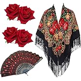 4Pcs Raditional Mexican Flamenco Shawl Rose Flower Hair Clip Comb Fold Fan | Retro Printing Scarf Wrap Tassel Floral,Embroidered Sequins Handheld Folding Fan Halloween Day of the Dead Costumes for Women