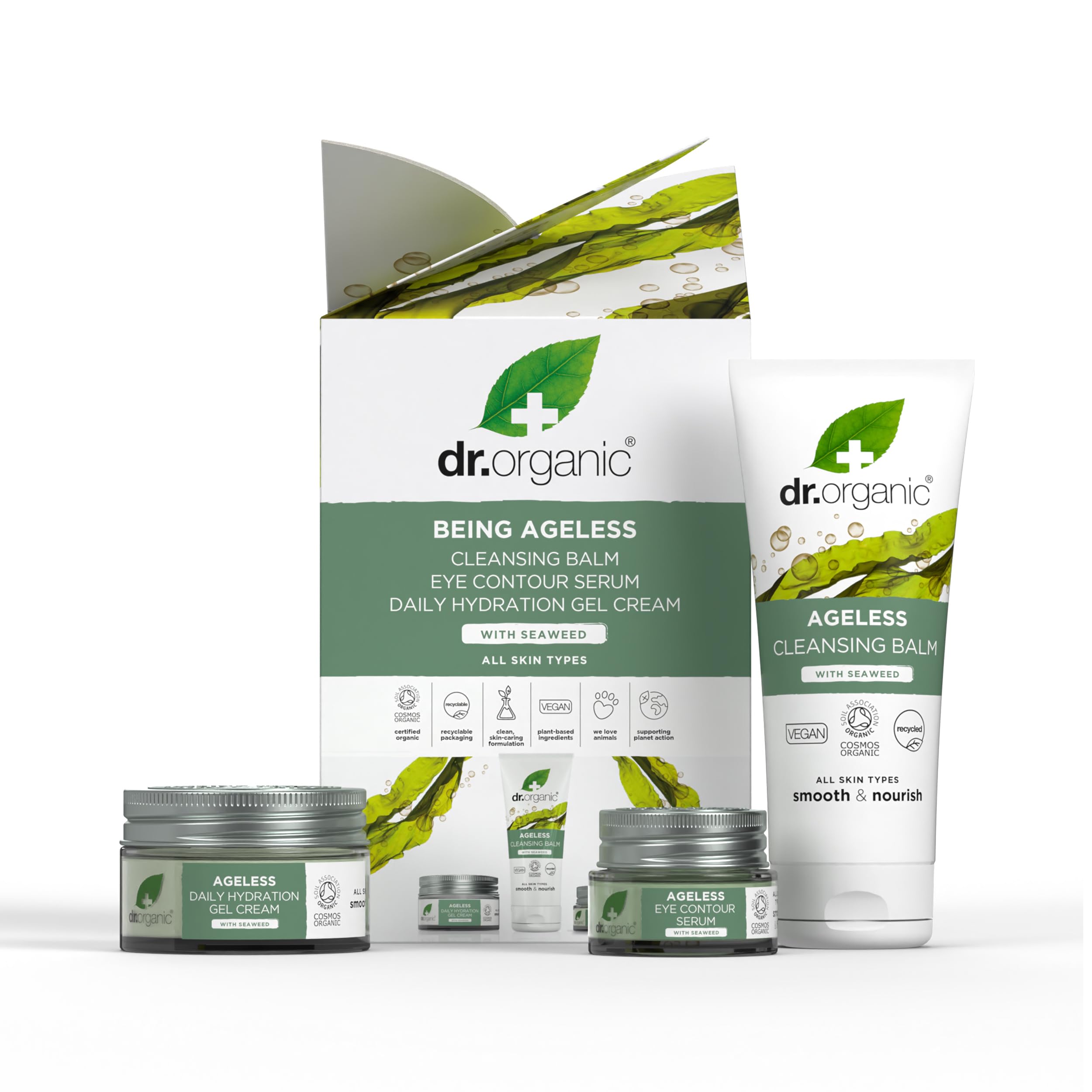 Dr Organic Ageless Skincare Set with Organic Seaweed Cleansing Balm, Face Cream & Eye Serum, Moisturising, Fine Lines, Wrinkles, Gift Set, Vegan, Cruelty-Free, Paraben & SLS-Free, Certified Organic