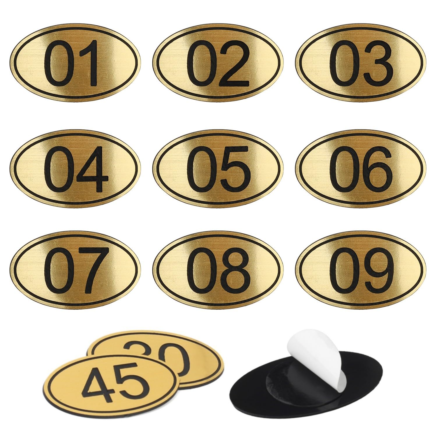 NanTun 50 Sets ABS Engraved Golden Oval Table Numbers Locker Tags with Double-Sided Tape - 1 to 50 — image 1