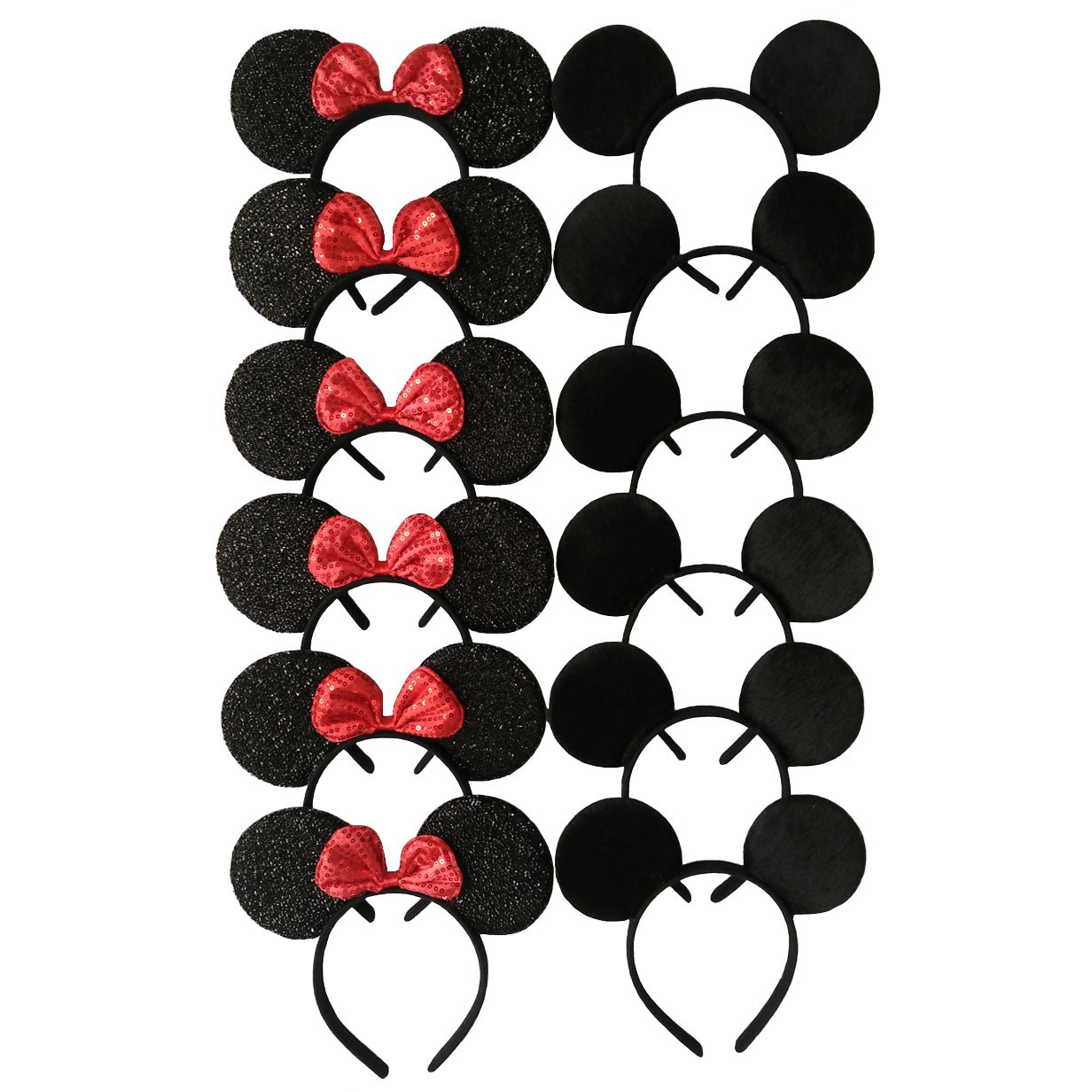CHuangQi Mouse Ears Headband for Boys and Girls Birthday Party or Celebrations, Solid Black and Red Bow, Pack of 12