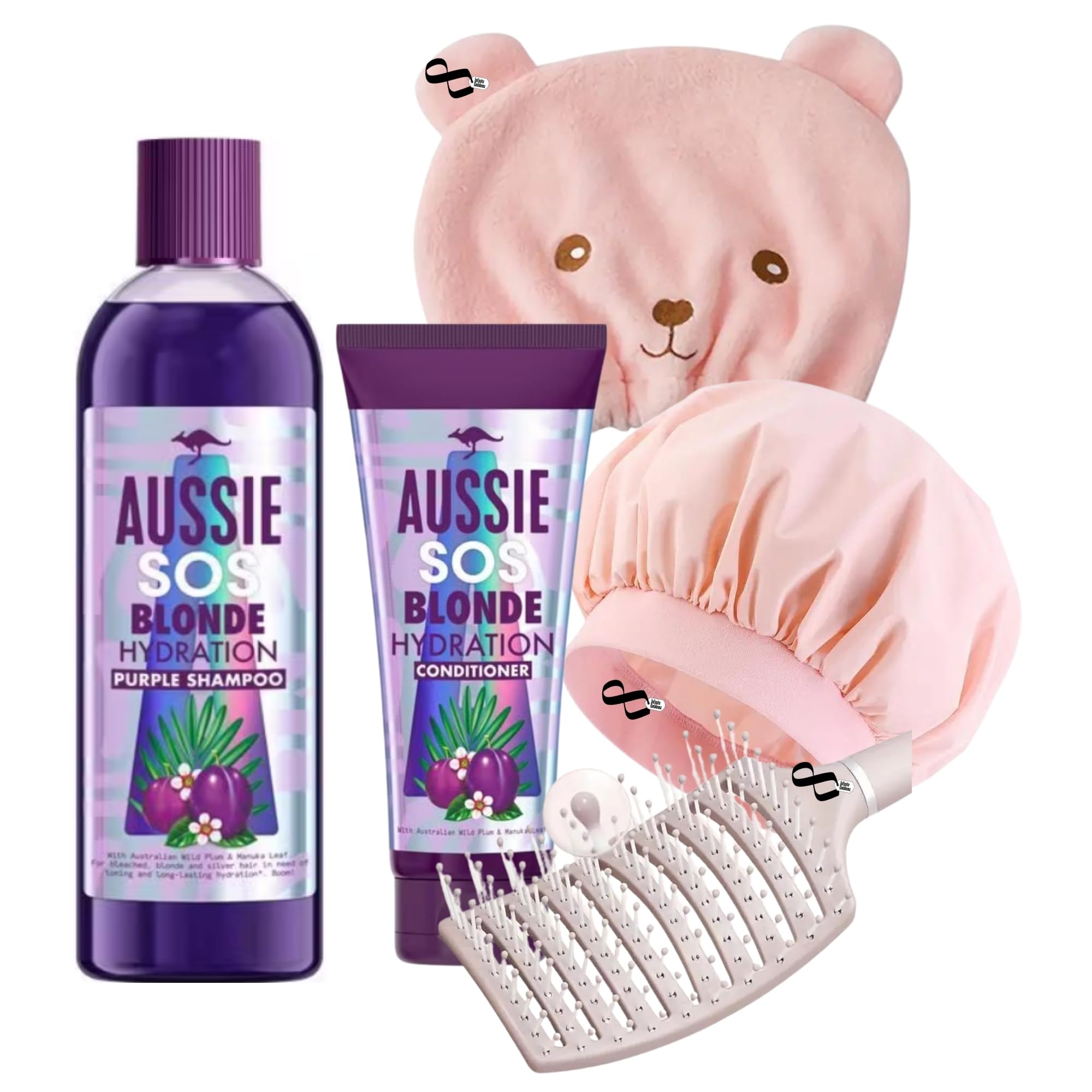 Purple Shampoo & Conditioner For Blonde Hair Care Set -290ml Aussie Shampoo and Conditioner 200ml Vegan Blonde Hydration Bundled with 1 x Detangling Hair Brush 1 x Shower Cap 1 x Hair Drying Cap