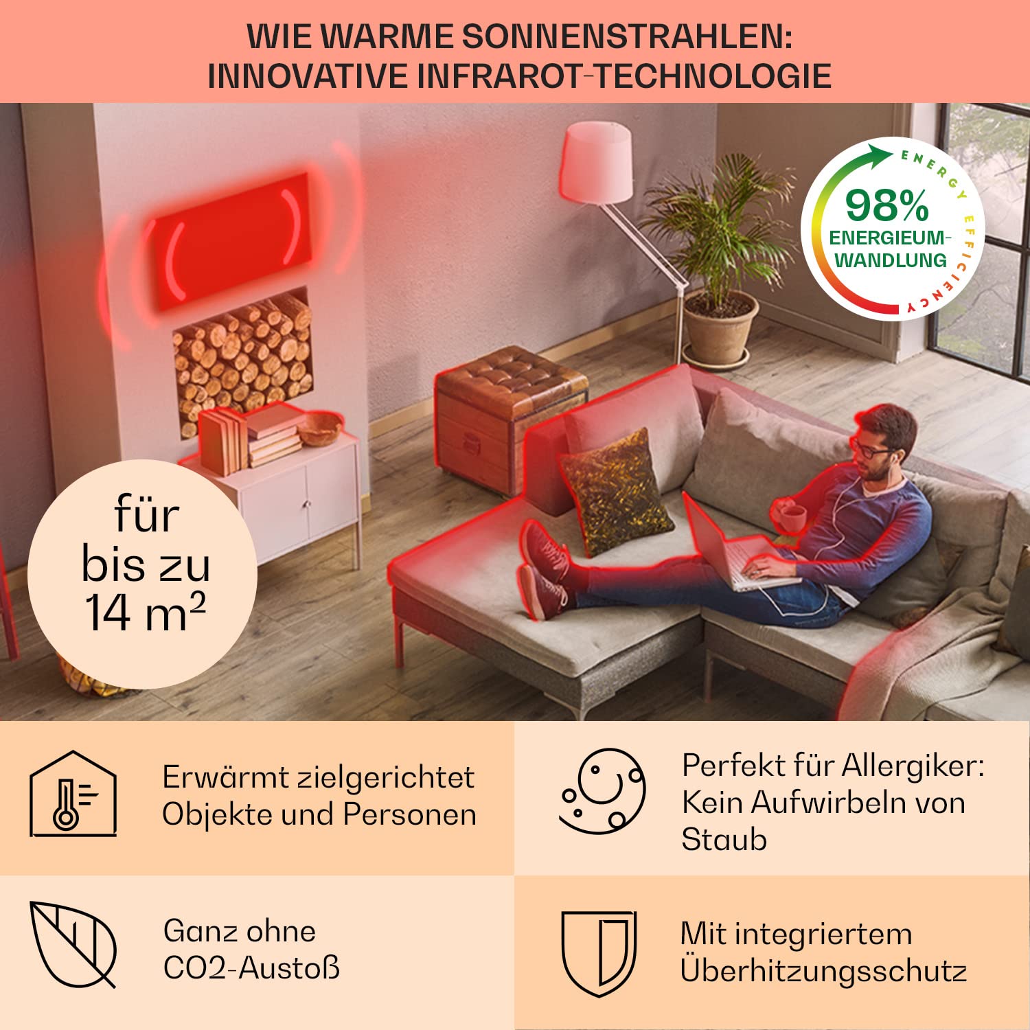 Klarstein Infrarotheizung mit Thermostat, 700W Elektroheizung, Smart Home Bild-Infrarotheizung zur Wandmontage, IR mit IoT/WiFi App-Control, Feuchtraum Flach-Heizkörper, CO2-Freie Wand Heizung 4