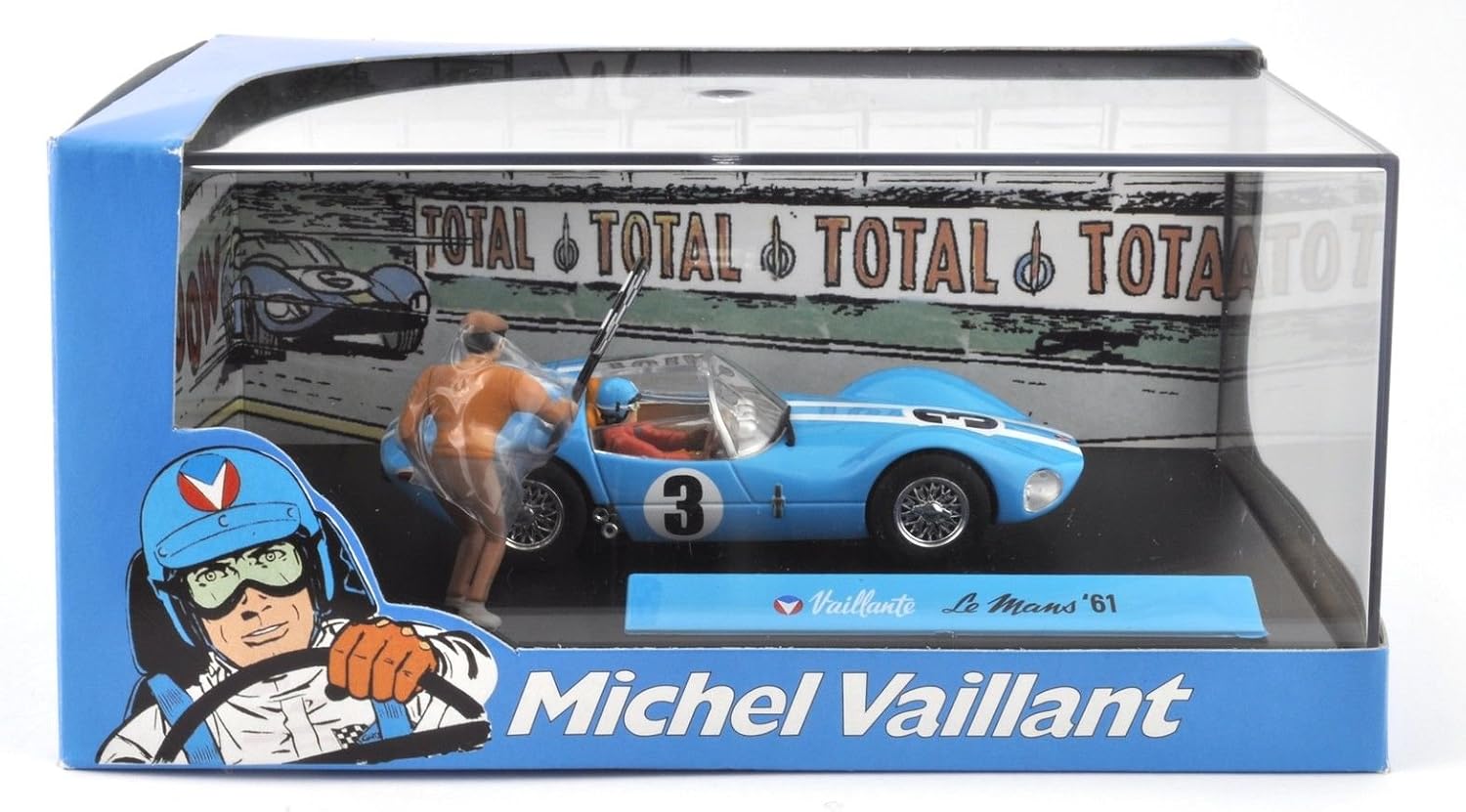 Générique Michel Vaillant Le Mans 1961-1/43 IXO CAR + FIGURINE + DECOR V1, Blue, White, Black, 15 cm x 10 cm x 9 cm - Image 3