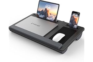 Potuopy Lap Desk - Up to 17” Laptop Tray with Wrist Rest, Portable Handle, Fixed Mouse Pad, Tablet & Phone Slots, Laptop Stand for Bed with Cushion (Black)