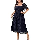 SCOMCHIC Women's Plus Size Wedding Guest Dress Formal Lace Square Neck Short Sleeve Smocked Flowy Cocktail Maxi Dresses