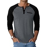 Runcati Mens Henley Shirts Raglan Long Sleeve Casual T-Shirts Color Block Button Shirt Vintage Tops with Pocket
