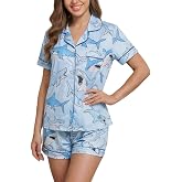 PUNINGXS Casual Women's Pajamas with Printed Short Sleeved Button Down Top and Shorts Pjs Loungewear Set
