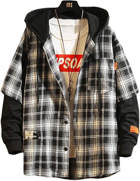 Amazon Bestmood チェックシャツ メンズ 長袖 ジャケット フード付き パーカー ボタンアップ シャツ チェック柄 カジュアルシャツ ゆったり アウター 大きいサイズ 春 おしゃれ W黒 シャツ 通販