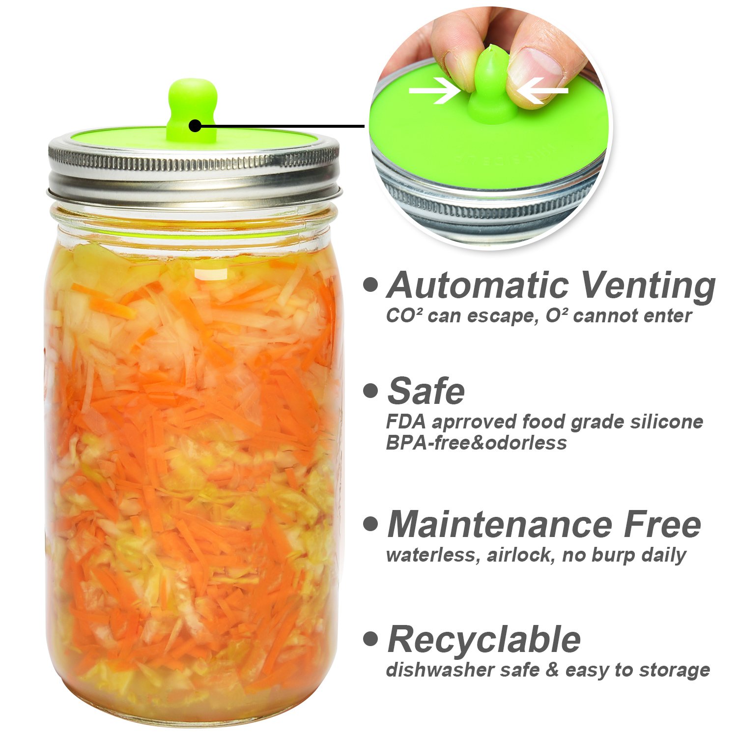6Pack Waterless Airlock Fermentation Lids for Wide Mouth Mason Jars