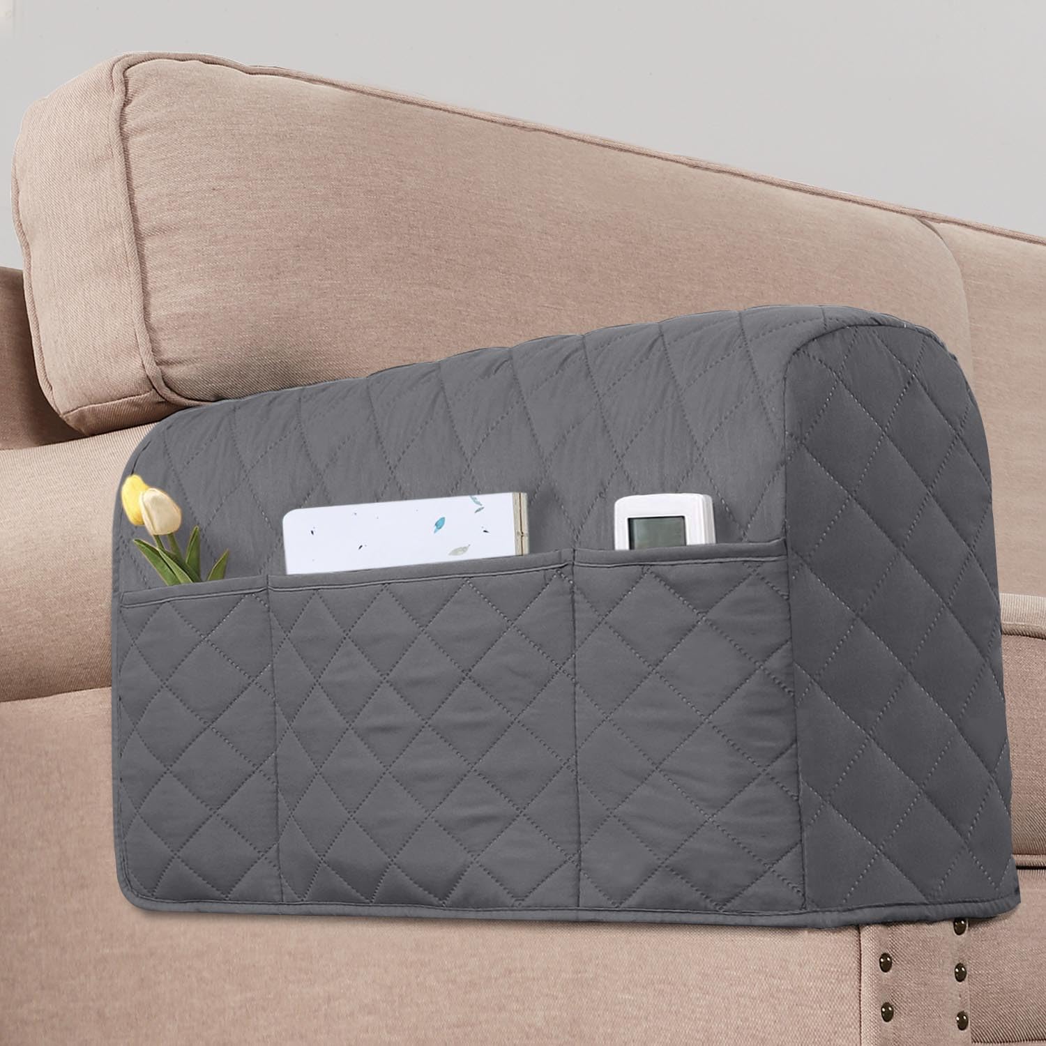 Photo 1 of H.VERSAILTEX Couch Arm Covers Water Resistant Armrest Covers for Sofa Remote Control Holder Sofa Armrest Organizer for Magazine, Tablet, Phone, iPad(Set of 2, Gray/Beige)