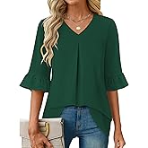 IWH 3/4 Length Sleeve Womens Tops Dressy Casual V Neck Tunic Shirts Ruffle Sleeve Loose Fit Business Work Blouses