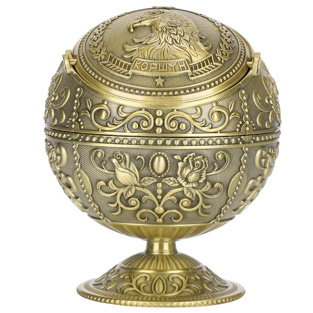 Vintage Windproof Ashtray with Lid Globe Eagle Embossment Pattern Metal Portable Ashtray Cigar Stand for Cigarettes Men Women Push Down Ashtray Smoking Ash Tray for Home Decoration