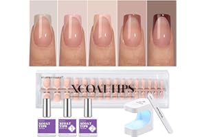 BTArtboxnails XCOATTIPS French Tip Press on Nails - Skin Tones Short Fall Press On Nails Square, Soft Gel Nail Tips with Nail Gel, French Protecting Duo, Nail Lamp, All in One Fake Nail Extension Kit