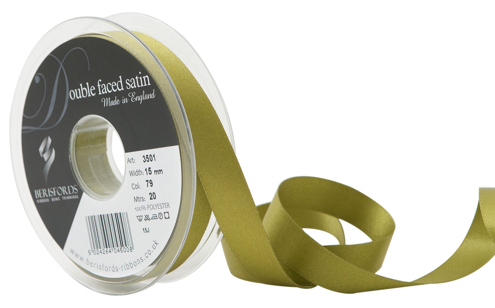 Berisfords Double FACE Poly Satin Ribbon, Moss, 15 mm
