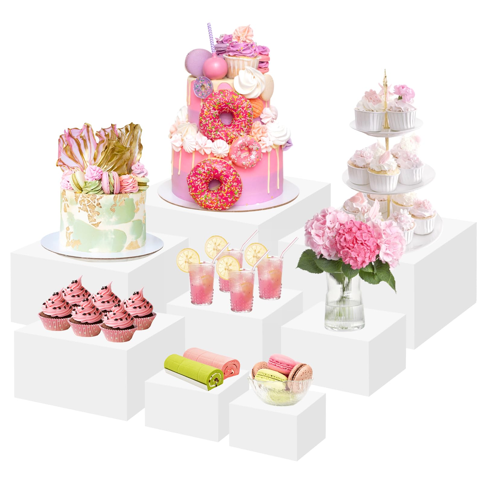 Photo 1 of Acrylic Buffet Food Risers, 8 Pcs White Dessert Table Display Set for Catering and Event Setup, Sturdy Acrylic Display Stands for Food, Desserts, Jewelry and Decor, Includes Sizes 5", 6", 7", 8", 9", 10", 11", 11.8"