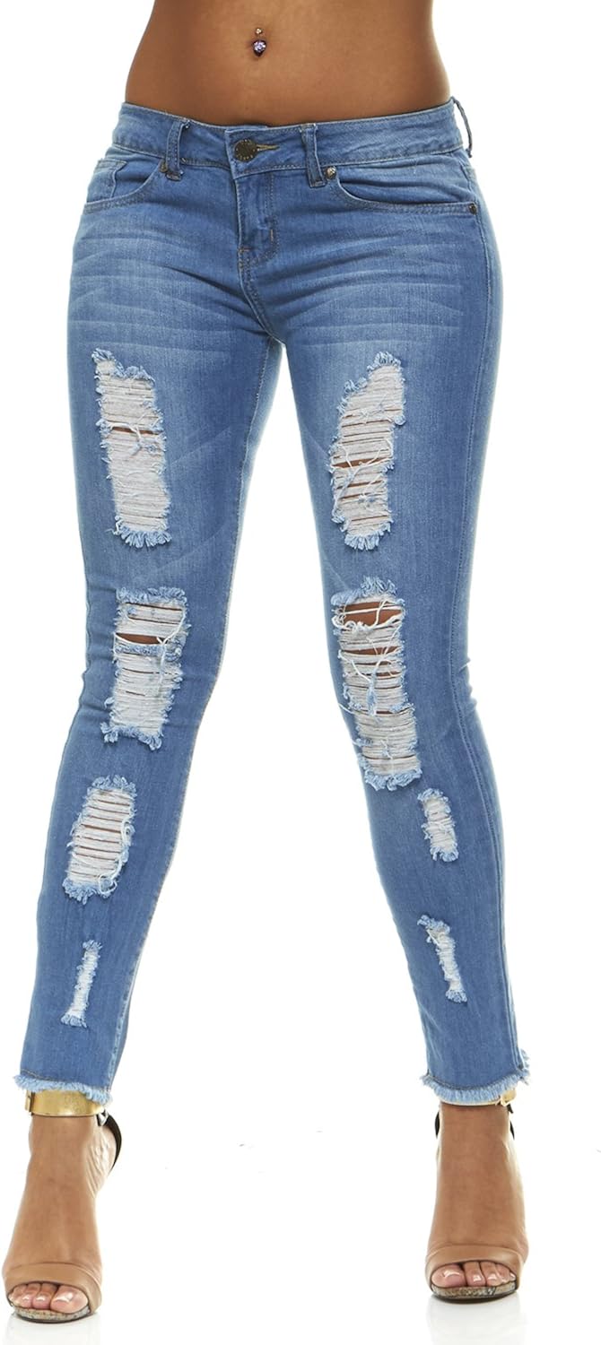 V.I.P. JEANS Women's Fray Hem Skinny Distressed Ripped Juniors Plus