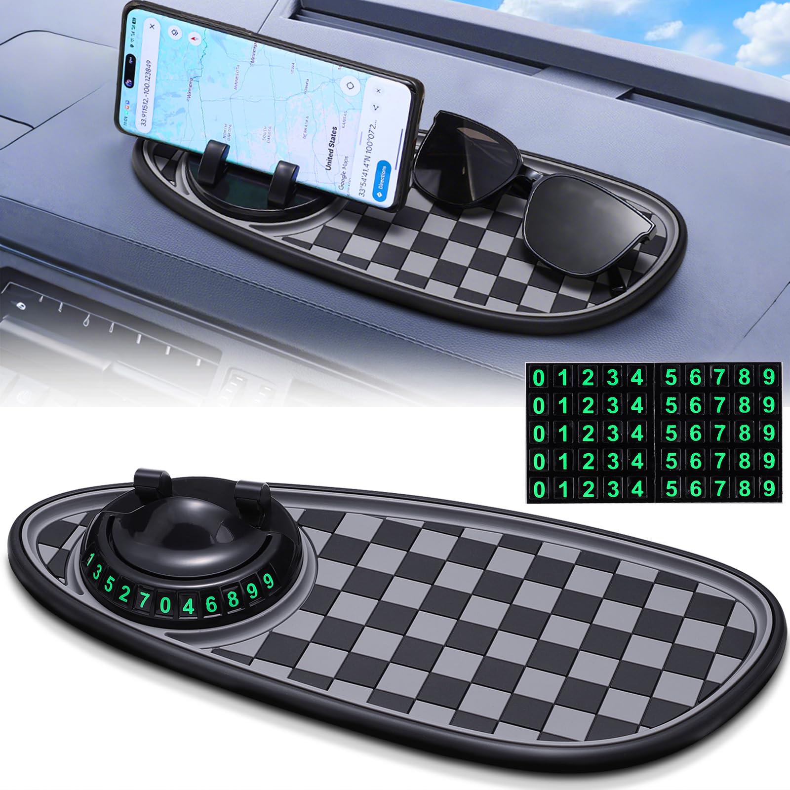 Photo 1 of Multifunction Car Anti-Slip Mat, Car Dashboard Anti Slip Mat Phone Holder, 360 Degree Rotatable, 4 in 1 Mobile Phone Stand for Cars, Non-Slip Phone Mats Temporary Parking Numbers Pad for Glasses Keys