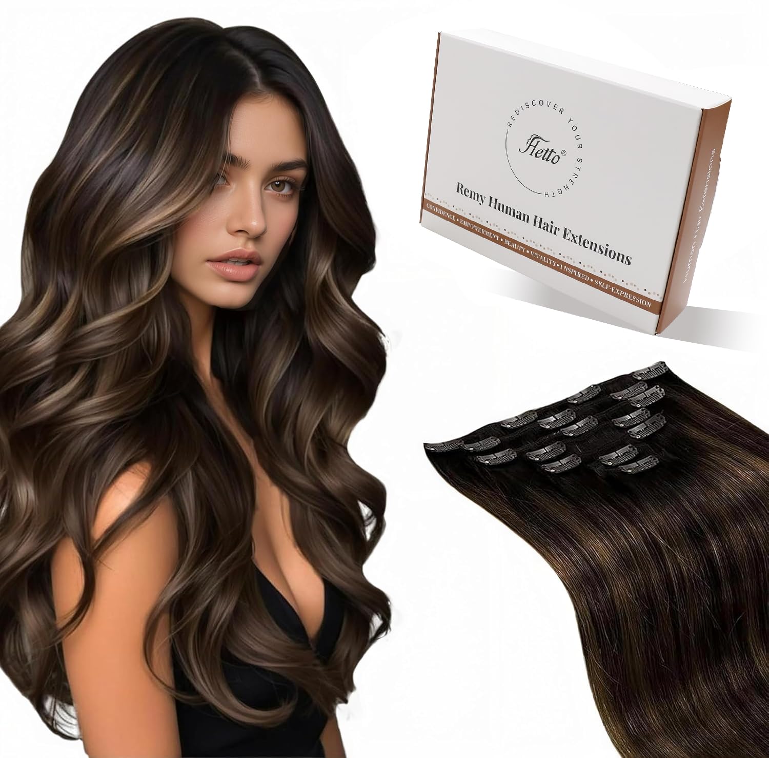 Clip in Hair Extensions Real Human Hair Balayage Brown 22 Inch 120g 7pcs - Easy Wear Full Head Hair Extensions Clip in Human Hair #2/8/2 Brown Ombre Clip Ins Hairpieces for Casual Days