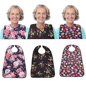 3 Pack Adult Bib for Eating Washable Reusable Waterproof Clothing Protector with Optional Crumb Catcher 29.5" x 19.3" Women (3 Pack)