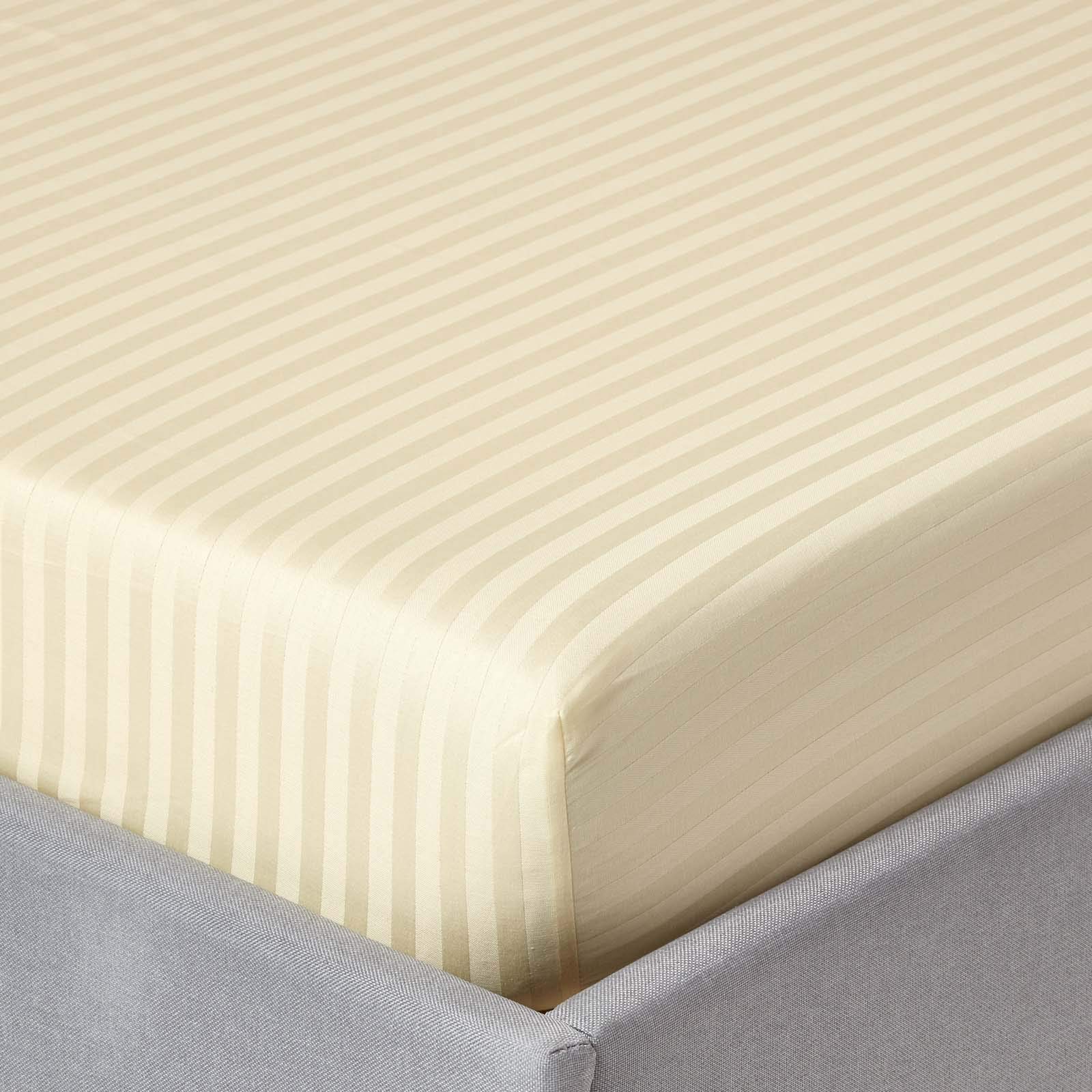 HOMESCAPES Pastel Yellow Deep Fitted Sheet (12”) Double 330 TC 500 Thread Count Equivalent Satin Stripe Pure Egyptian Cotton Bed Sheet with Fully Elasticated Skirt — image 1