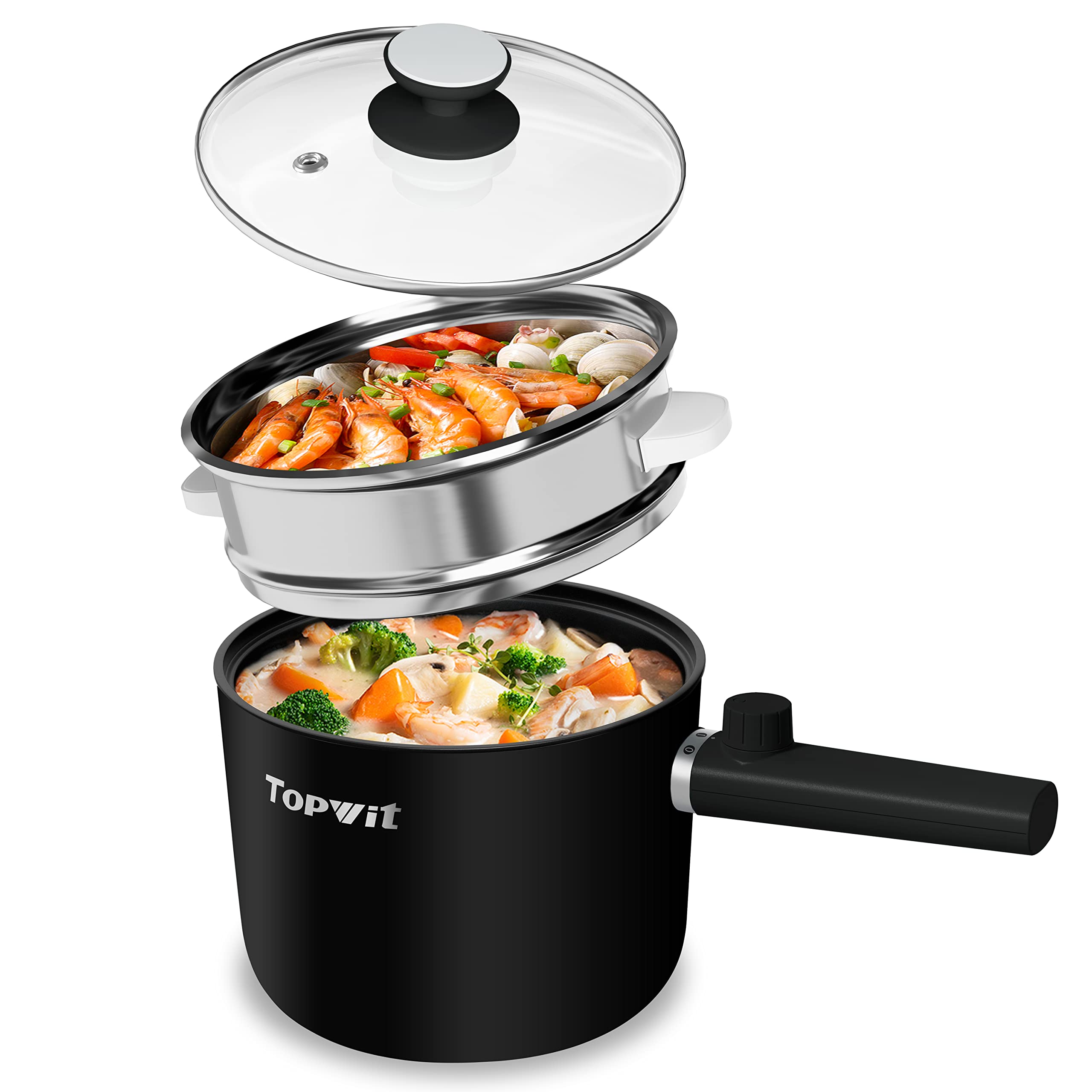 Photo 1 of *Missing Parts*
Topwit Hot Pot Electric with Steamer, 1.5L Ramen Cooker, Non-Stick Frying Pan, Electric Pot for Pasta, BPA Free, Electric Cooker with Dual Power Control, Over-Heating & Boil Dry Protection, Black