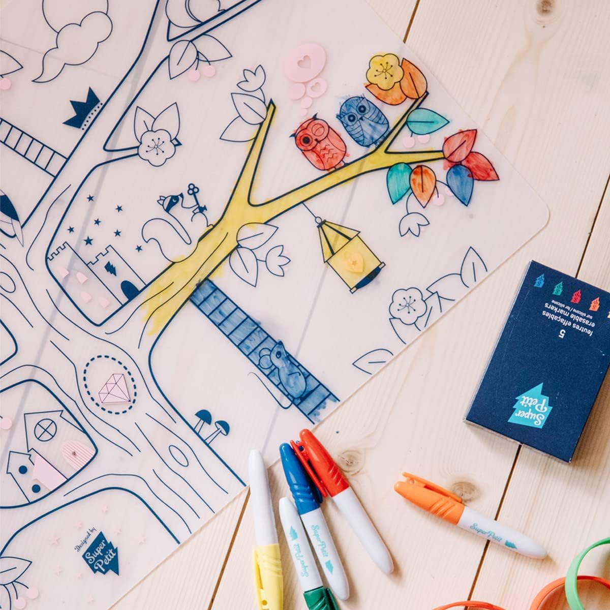 SUPER PETIT, Educational Game, Educational Placemat, Reusable Colouring, Magic Tree, 5 Felt-Tip Pens and Bracelet Included - Image 4