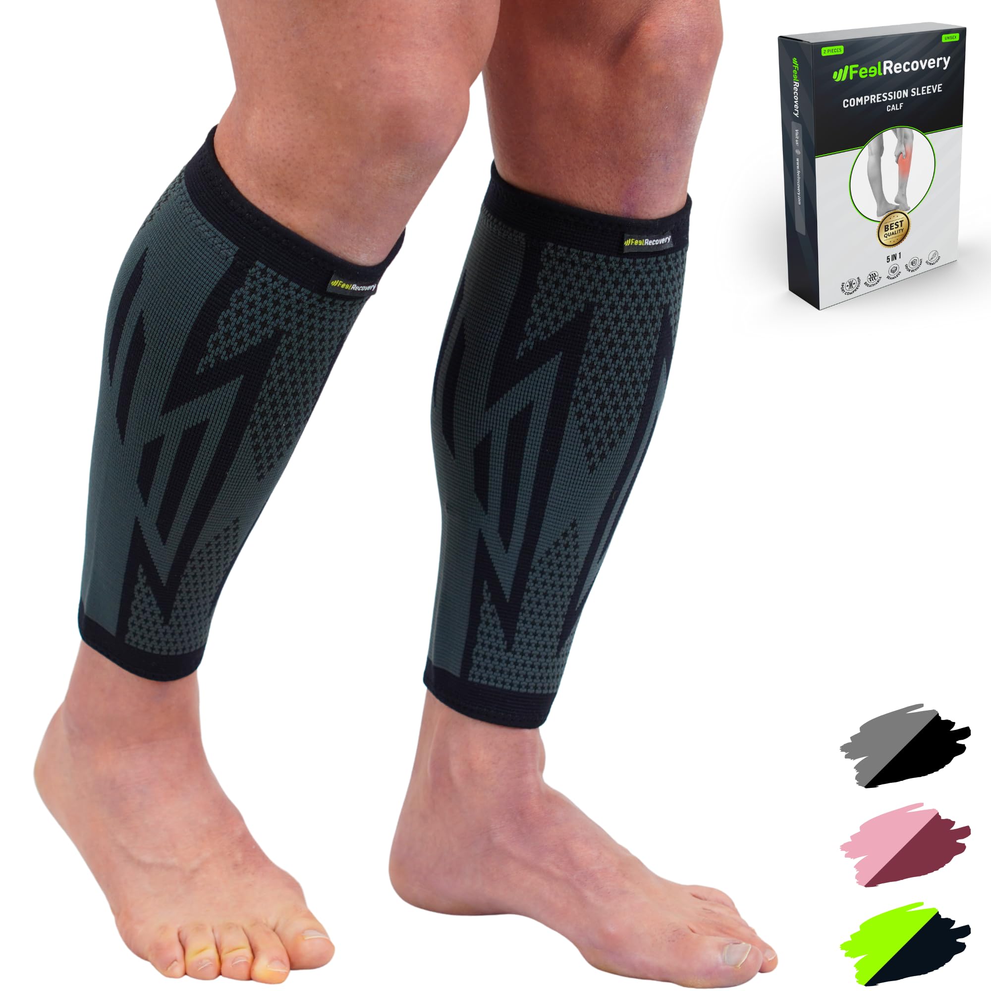 Feel Recovery 2 Pack Compression Calf Sleeves for Men & Women - Calf Support Brace for Runners, Shin Splints, Muscle Strains & Cramps - Compression Socks for Legs - Breathable & Non-Slip (XL, Black)
