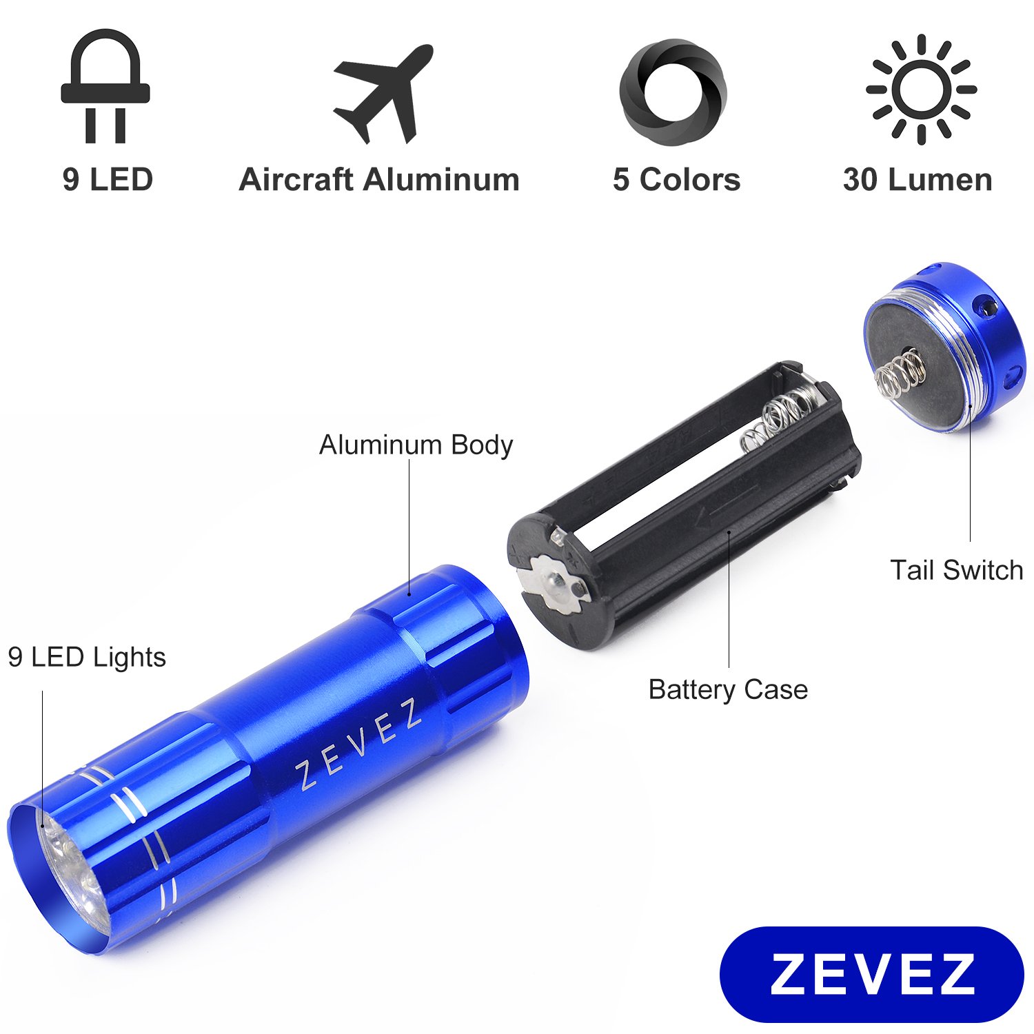 ZEVEZ F1 LED Flashlight High Powered 9 LED Mini Bright Tiny Small Kids Pocket Keychain, Best Outdoor DEC Tools For Emergency, Assorted Colors, 5 Piece