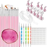 Nail Art Tools Set – 15pcs Pink Nail Art Brushes, 5pcs Dual-Ended Dotting Pens, 10 Nail Stands with 2 Bases, Nail Art Palette, Double-Sided Tape & Adhesive Tabs for DIY Nail Design
