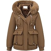SHMLIYDO Womens Warm Puffer Jacket Winter Coat FLeece Lined Parka With Detachable Fur Hood Coffee 2X-Large