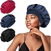 3 Pack Silk Bonnet for Sleeping Women, Satin Hair Bonnets for Curly Hair, Soft Band Large Sleep Cap for Curly Hair Braids (Black+Dark Blue+Wine Red)