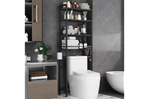 Kalrin Over-The-Toilet Storage Rack, 4-Tier Bathroom Organizer Shelf Over Toilet with Adjustable Shelf and Basket, Freestanding Space Saver Bathroom Shelves Above Toilet for Room (Pure Black)
