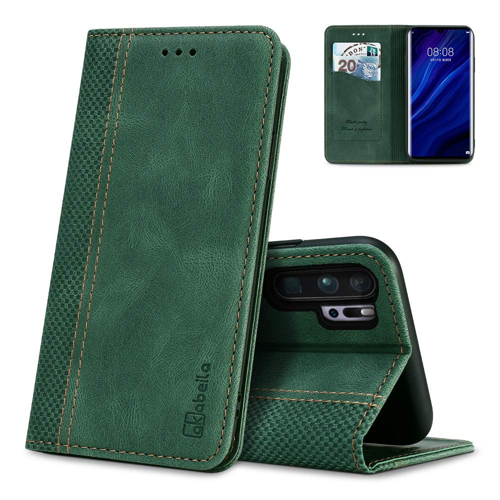 AKABEILA Case for Huawei P30 Pro Premium Leather Flip Wallet Case with Magnetic Closure Kickstand Card Slots Folio Phone Case Cover Protective Shockproof Green