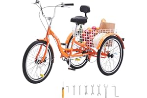 VEVOR Adult Tricycles Bike, 24 Inch Three-Wheeled Bicycles, 3 Wheel Bikes Trikes, Aluminum Alloy Cruiser Bike with Basket & A