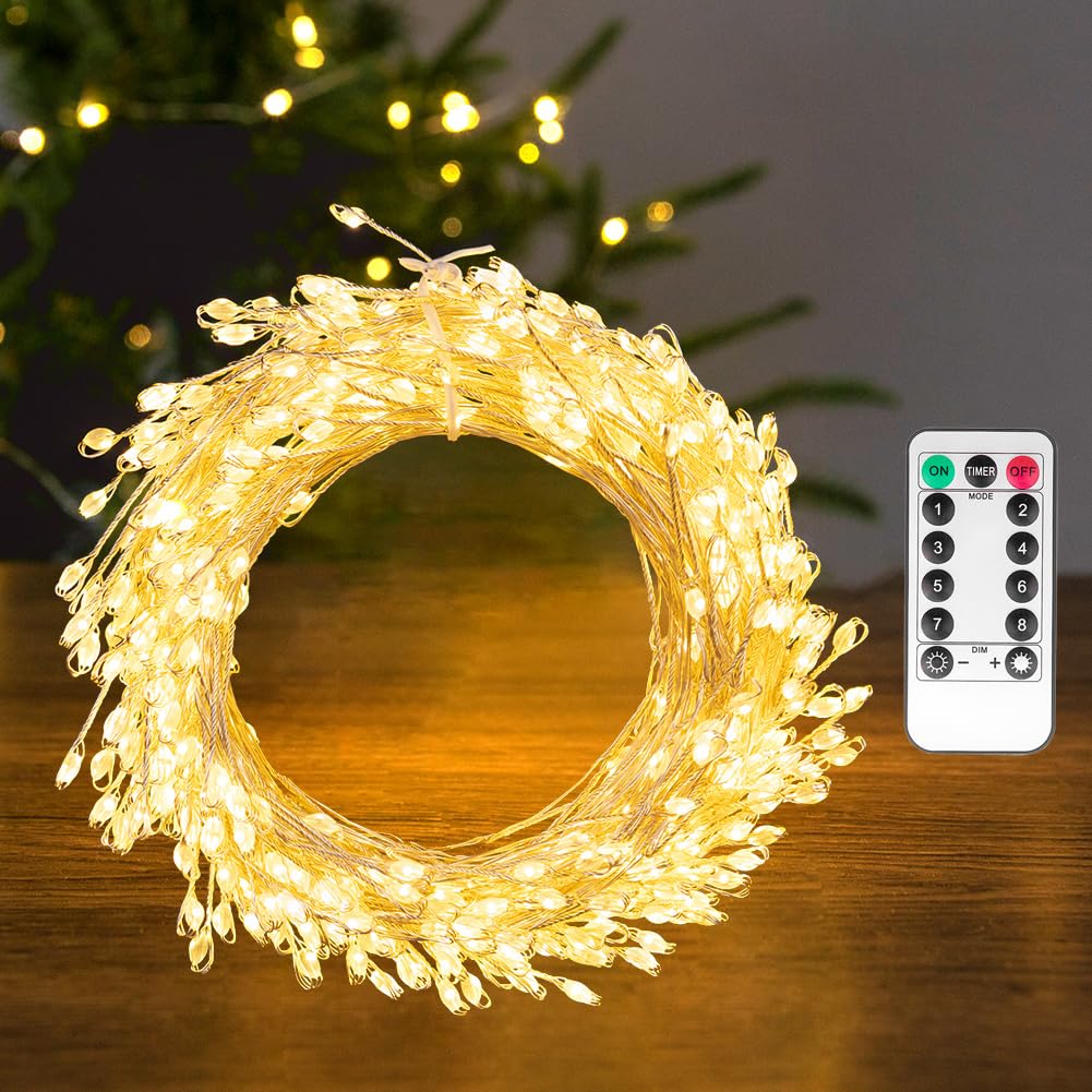 PCORES Fairy Lights Plug in, 15M 500LED Firecracker String Lights Waterproof Silver Wire, for Bedroom/DIY/Party/Garden/Porch/Patio/Backyard/Christmas Tree, Firecracker Cluster Lights with Remote Timer