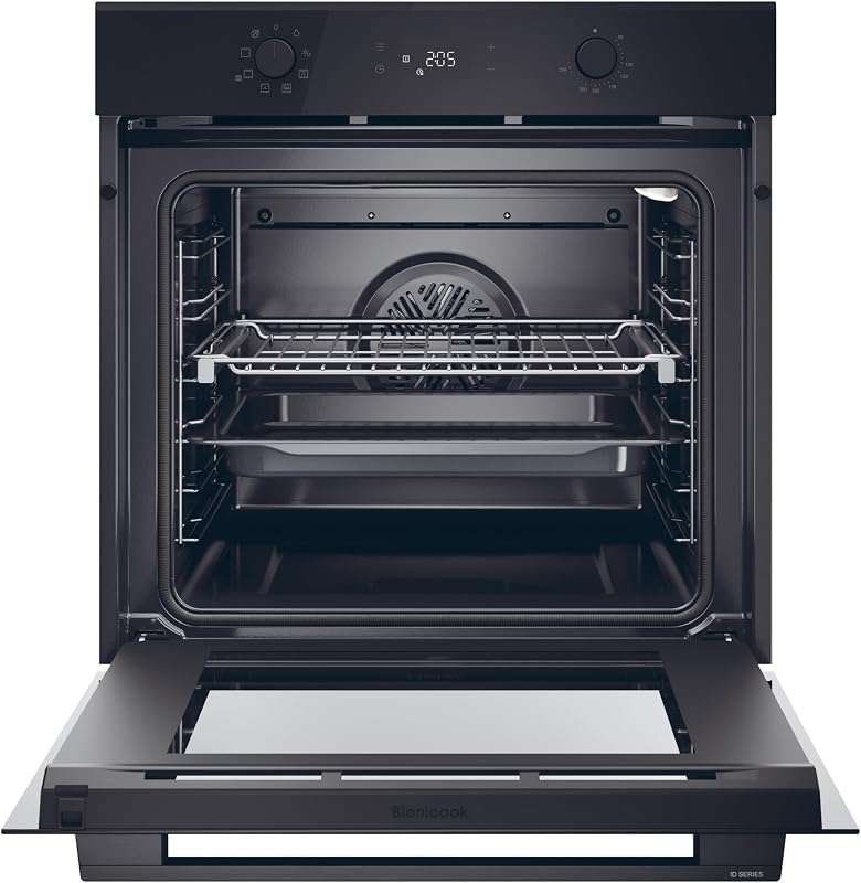 Série ID 2 H6 ID2P3T1HTB - Forno multifunção, hidrolítico, capacidade de 78L, 1 prateleira e 1 tabuleiro, 9 funções, ecrã com LED branco, guia telescópica, 2 vidros na porta, preto