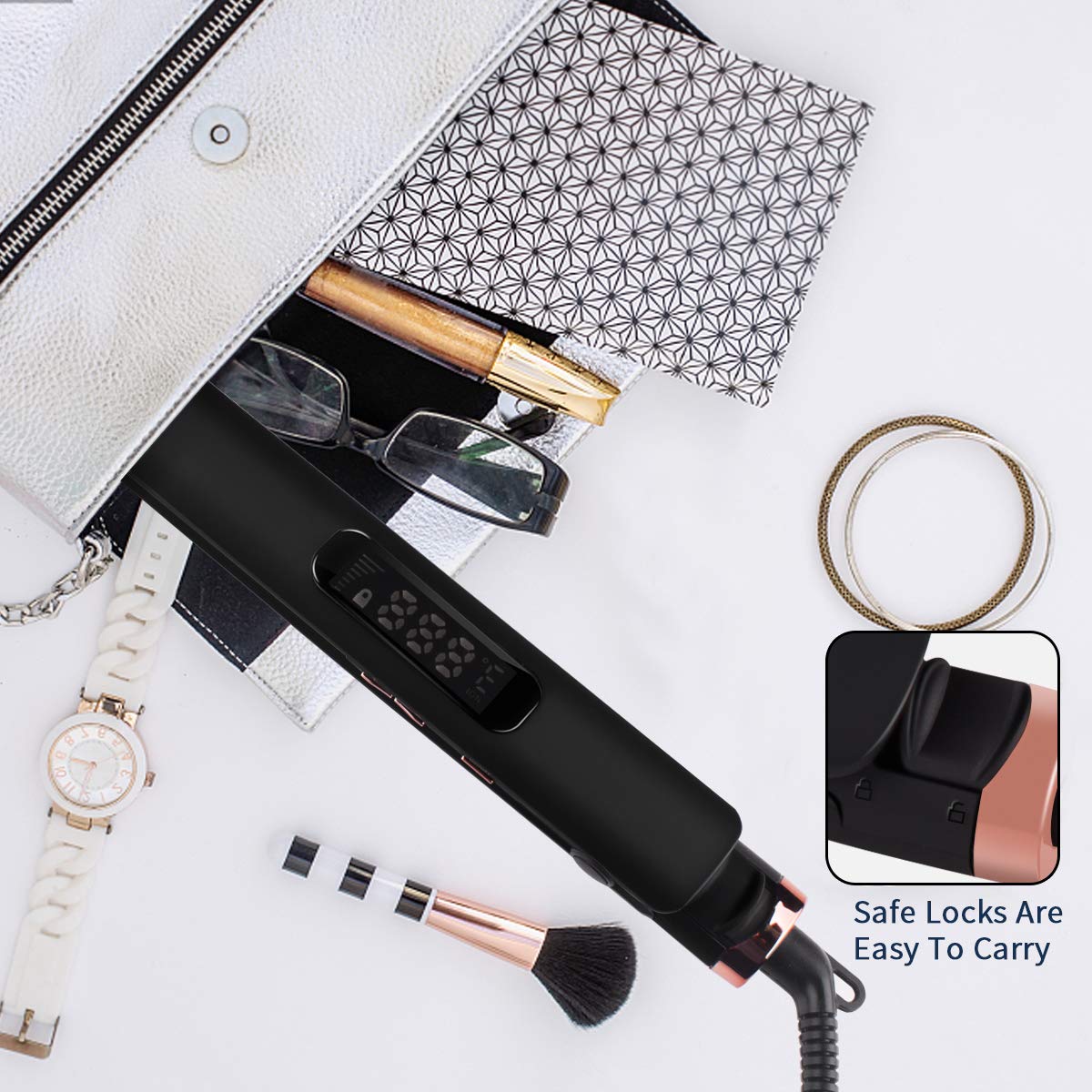 Fer à Lisser Lisseur Cheveux Longues plaques ioniques en céramique Température Ajustable Arrêt Automatique Verrou de sécurité Affichage numérique de la température