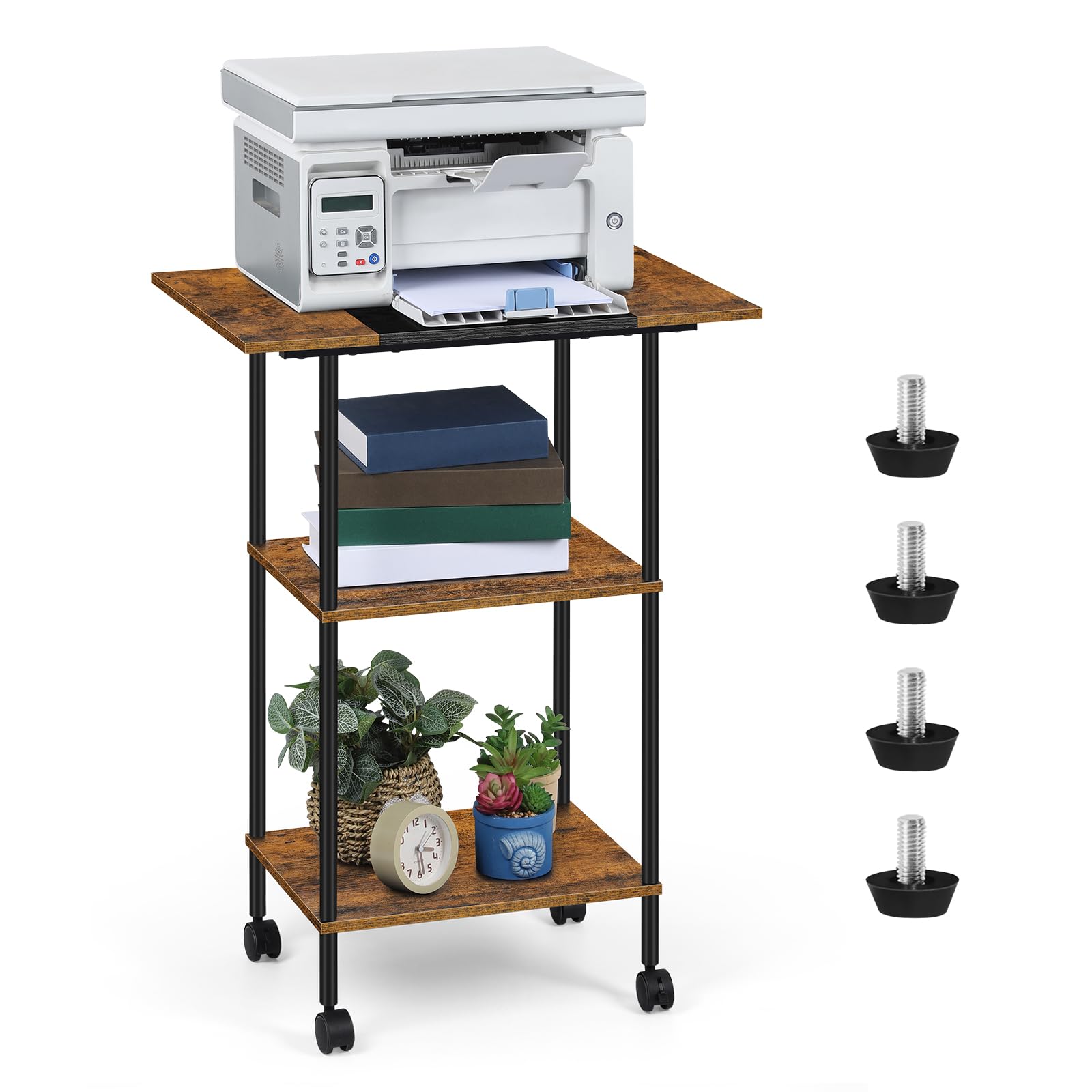 Photo 1 of Shinoske Printer Stand with Storage,3 Tier Large Printer Table with Wheels for Home Office,Rolling Cart with Storage Shelf,for 3D Printer,Scanner Fax,Shredder,Rustic Brown