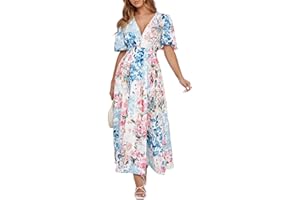 Maxigerui Women's Boho Floral Print Midi Dress Short Sleeve Summer Long Dress