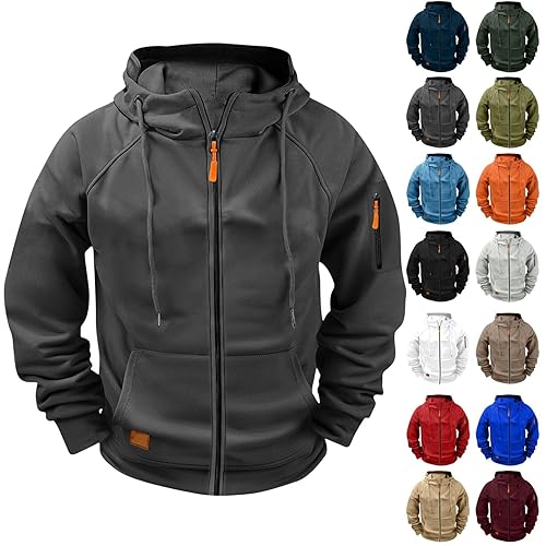 Hoodies For Men Uk, Winter Warm Hooded Sweatshirts Multi Pockets Sport Hooded Sweatshirts Solid Color Long Sleeved Sportswear Cotton Zip Up Hoodie With Drawstring Cargo Military Jacket