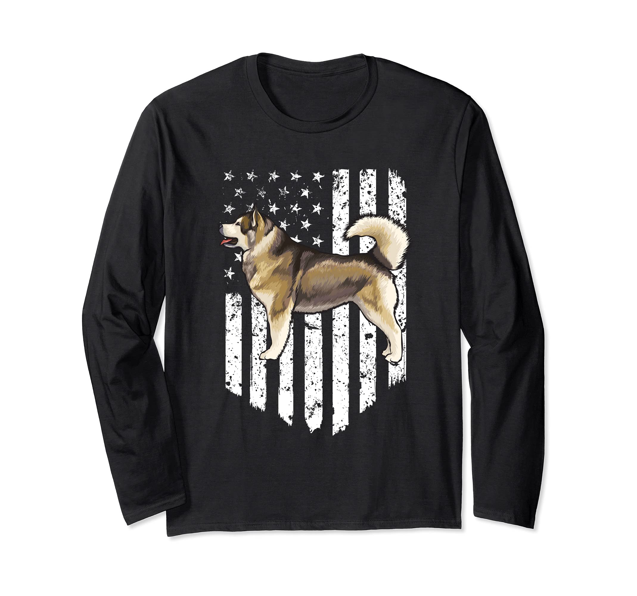 Black White American Flag Alaskan Malamute 4th Of July USA Long Sleeve T-Shirt