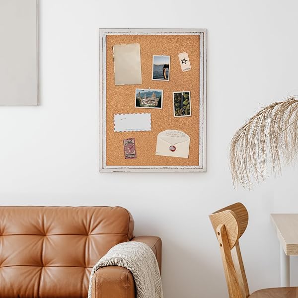 DOLLAR BOSS WHITE CORK BOARD FOR WALL – 24 X 18 INCHES, RUSTIC WOODEN FRAME BULLETIN BOARD, DECORATIVE HANGING PIN BOARD FOR OFFICE & HOME DECOR