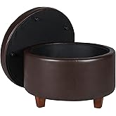 HomePop Round Leatherette Storage Ottoman with Lid, Chocolate Brown Large
