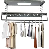 Ceiling Mounted Clothes Drying Rack, Adjustable Electric Clothes Airing Rack w/ LED Lighting &amp; 2 Retractable Rods, Vertical Laundry Clothesline with 8 Horizontal Rods for Balcony,77lbs Load (Grey)